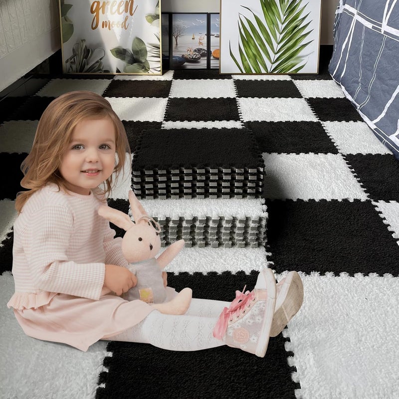 JADERLU 16pcs 0.6" Thickened Interlocking Tile Mats,Fluffy Shaggy Soft EVA Foam Area Rug for Living Room & Bedroom,Non-Slip Protective Floor Carpet Play Mat Kids Baby Dorm Home Decor (11.8ft, Black) - Image 2